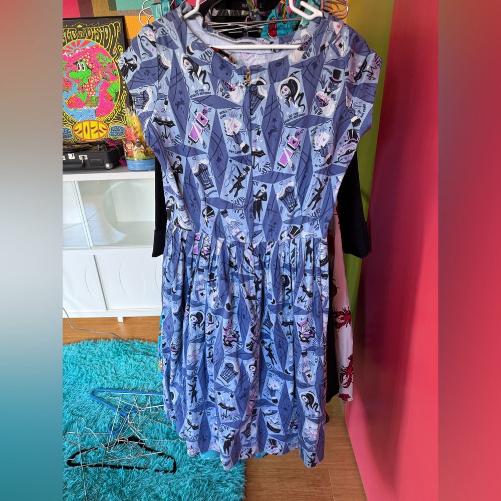 Women’s Blue Printed Midi Dress with Gathered Skirt, Steph Buscema Kitschy Witch